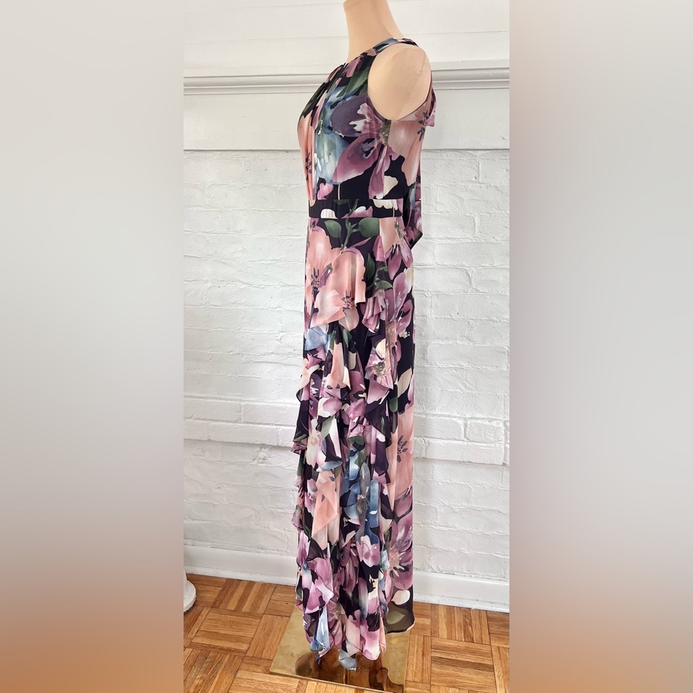 Betsy and Adam Floral Ruffle Slit Chiffon Halter Gown In Wine Rose Chiffon Maxi - Picture 5 of 16